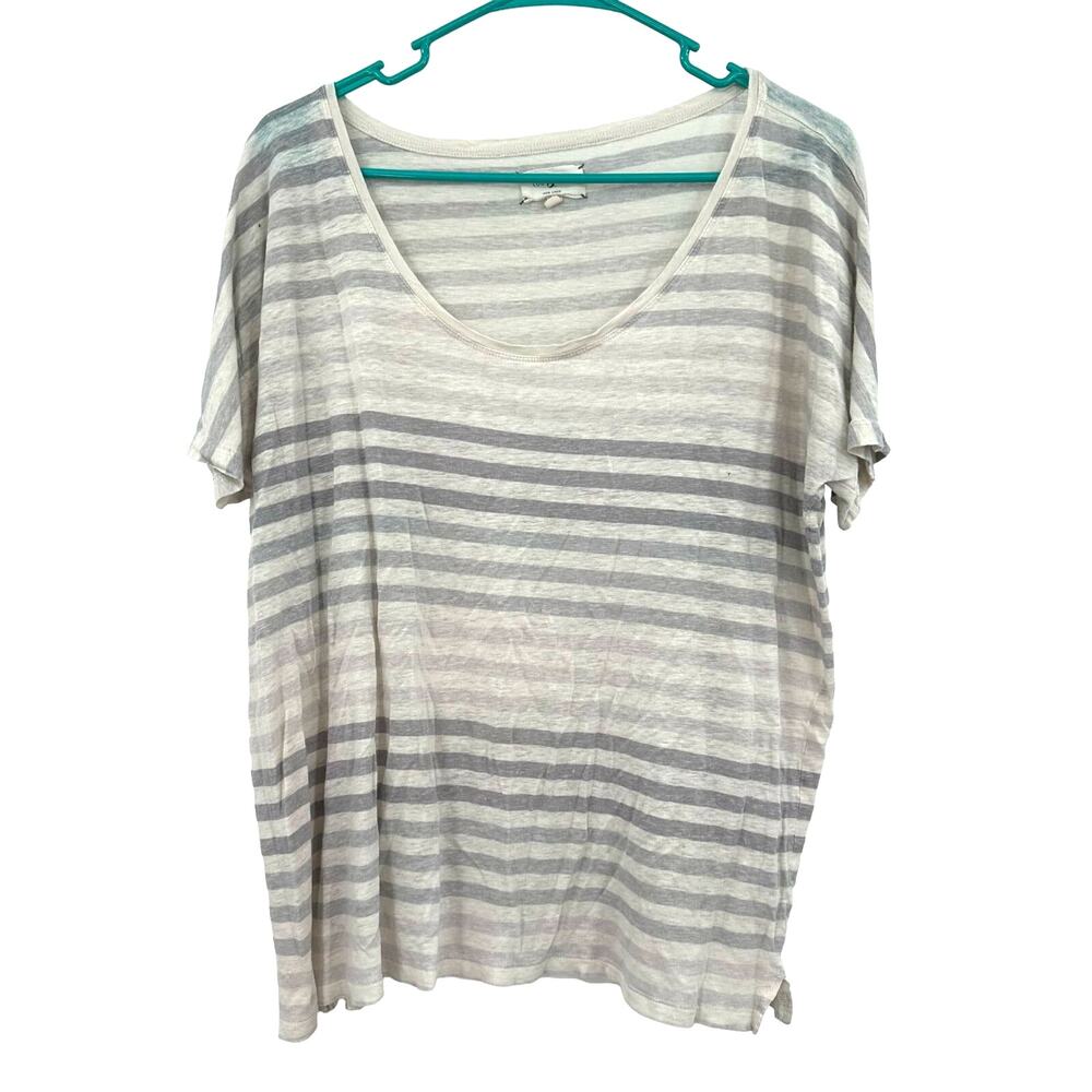 Lou & Grey Size XL Shirt White Gray Stripe‎ Boat Neck Short Sleeve 100% linen